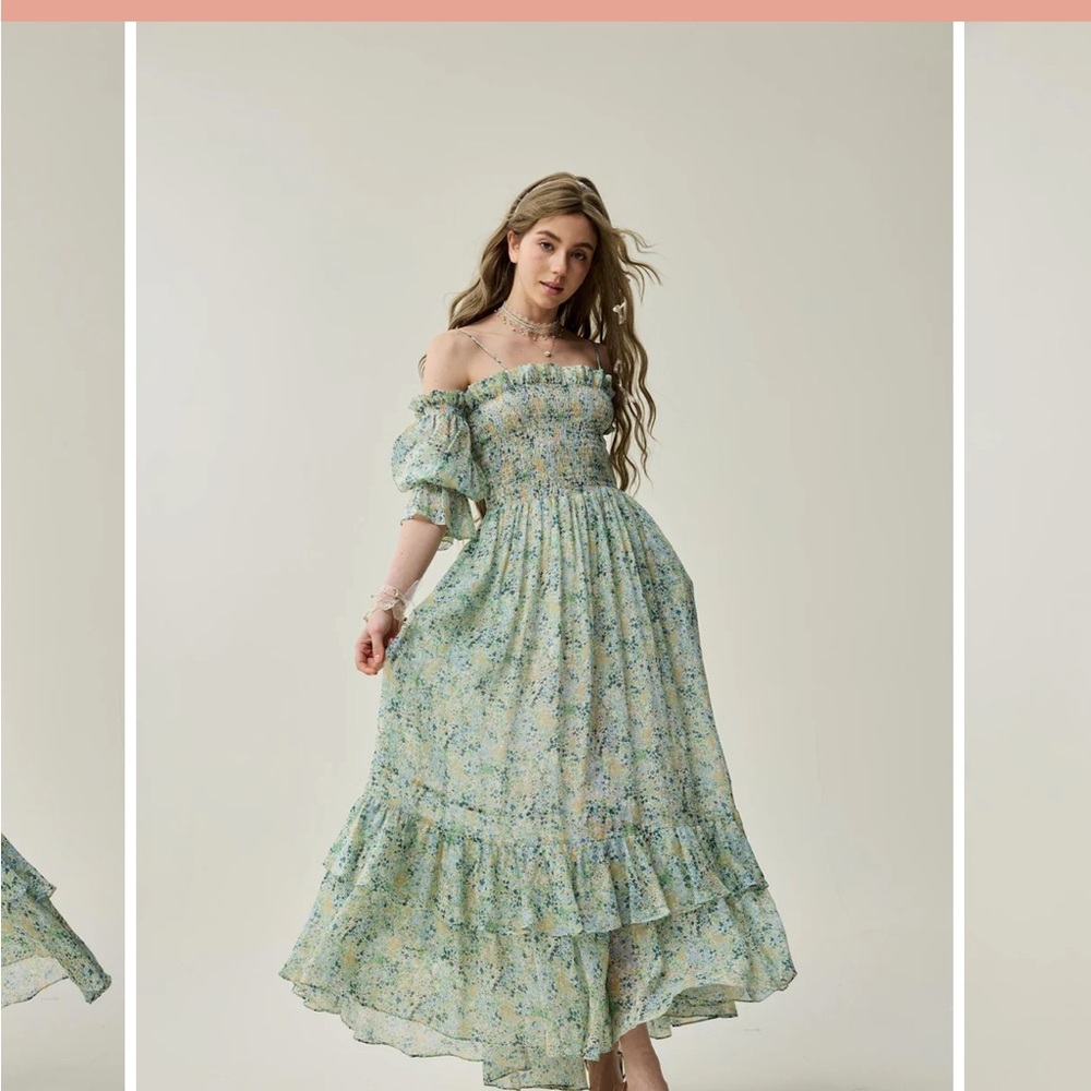 Linennaive Smocked Off-Shoulder Maxi Dress in Soft Green Floral